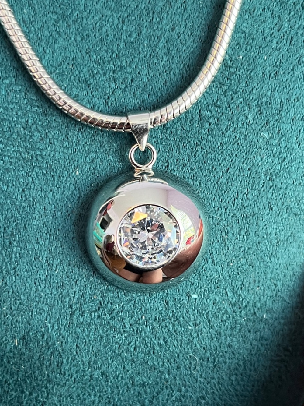 Polished Silver Necklace with Clear Crystal Stone -Modern Minimalist 16-18”